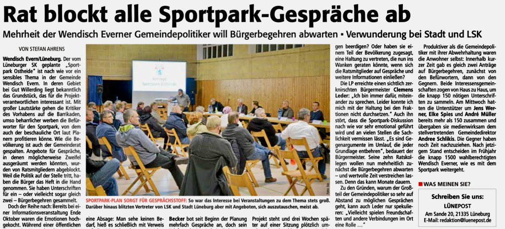 Read more about the article Heute in der Lünepost: Warum wollen die Gegner des Sportparks nicht reden?