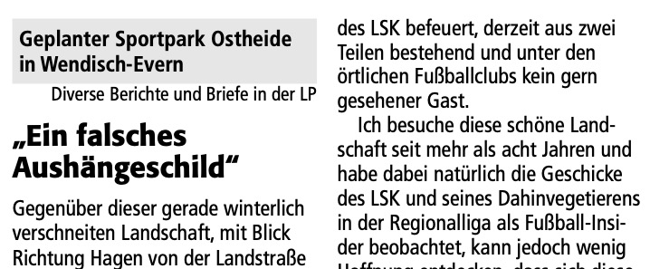Read more about the article Üble Hetze aus Wendisch Evern gegen den LSK Hansa im Leserbrief