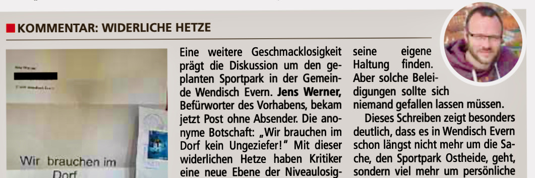 Read more about the article „Widerliche Hetze“ – so kommentiert die Lünepost anonymen Brief an Jens Werner